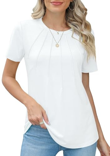 Rapbin Womens Casual Short Sleeve T-Shirts Crew Neck Pleated Tops Fashion Dressy Tunic Blouses,White,M