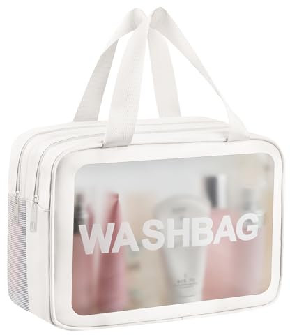 Clear Toiletry Bag, Wet Dry Separation PVC Makeup Cosmetic Bag, Large Capacity PVC Wash Bags with Handles for Women Girls White
