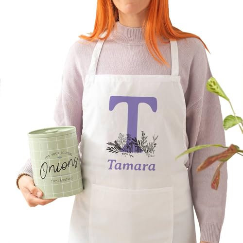 Transparent Gift Delantal Personalizado Blanco con Inicial y Nombre. Regalo para Familiares, Amigas, Pareja. Delantales de Cocina. Regalos Personalizados para Cumpleaños. Regalos Originales para Mujer