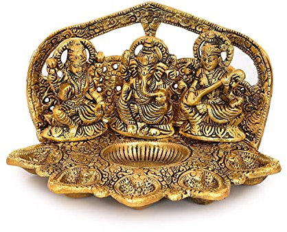 Laxmi Ganesh Saraswati goldfarbene Statue – Öllampe für Zuhause, Büro und Veranstaltungen