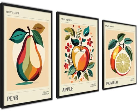 Fruit Vintage Poster Set | 3 x 50x70cm MIT RAHMEN SCHWARZ | Küche Restaurant Esszimmer Wall Art Pomelo Apfel Orange Botanical Wanddeko