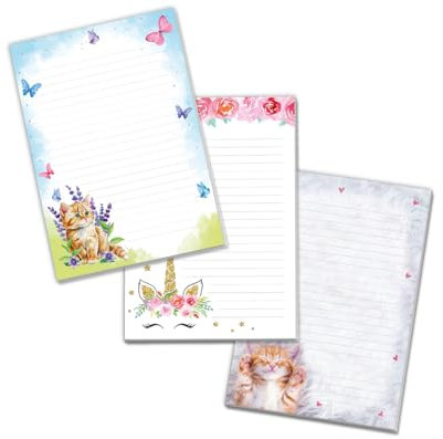 Blöcke Schreibblock mit Kindermotiv Notizblöcke mit Linien für Mädchen Briefbögenblock liniert (3 Blöcke: 2 x Katze, Einhorn mit je 25 Blätter in A5-Format)