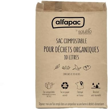 alfapac BY SOLUBIO - Sacs Compostables en Papier Kraft - Sacs pour Déchets Organiques - Papier Kraft 100% Recyclé - Anti Humidité - fabriqués en France - 10 x 10L