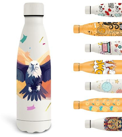 Grsta Gourde Isotherme, 500ml Gourde Enfant, Gourde Personnalisée avec un Aigle, Gourde Sport Sans BPA, Double Paroi Isolante, Bouteille d'eau anti Fuite, pour l'École, Bureau, Voyage, Sports, Blanc