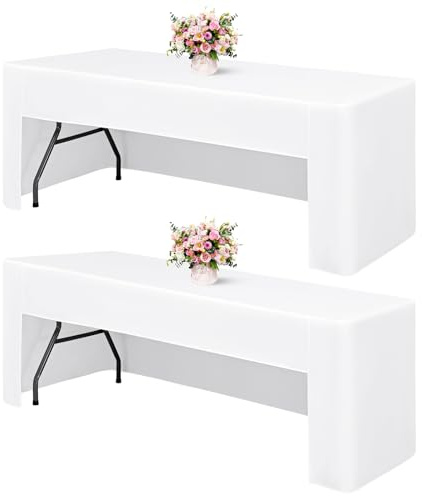 2er Pack Weiße Tischdecken, passgenaue Tischdecke mit offener Rückseite, 8 Fuß rechteckige Klapptischdecke, waschbarer Stoff, Messe-Tischdecke Kunsthandwerk Ausstellung Partys Hochzeit(241x75x73cm)