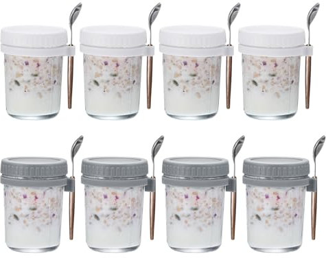 QUARKZMAN Nuit Avoine Conteneurs avec Couvercles, 8pcs - 10 Oz Nuit Avoine Pots avec Cuillères et Mesure Marques, Mason Verre Pots pour Lait Céréales (Blanc+Gris)