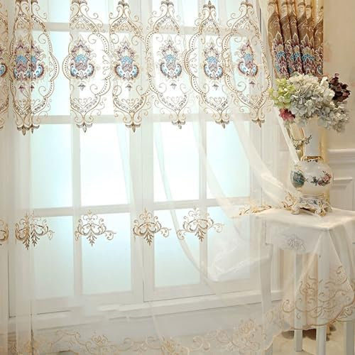 Beydodo Vorhänge Weiß 2er Set mit Haken 132x214CM, Gardinen für Schienensystem Nordisch Stickerei mit Gelb Blumen Motiv Gardinenschals Baumwolle Halbtransparent für Wohnzimmer Schlafzimmer Küche