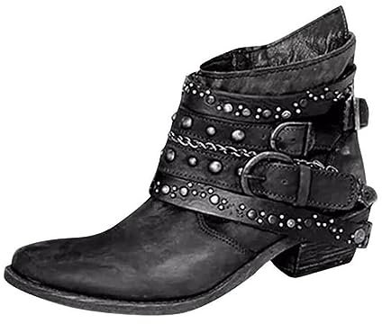 generisch Damen Stiefeletten Biker Boots - Stiefel mit Nieten Blockabsatz - Bequeme Frauen Schuhe Schnallen Vintage Cowboy Stiefel Damen Ankle Boots Frauen Stiefeletten Elegant Western Stiefeletten