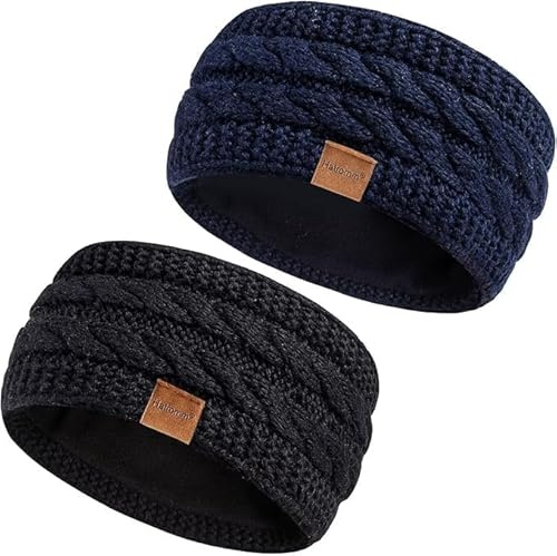 Hatromm Winter Headbands for Women Wool 2 Pack, Ear Warmers for Women Headband Knit Thick Fleece Lined, Cold Weather Warm Ear Muffs(Black+Navy)