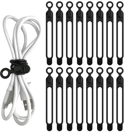 16 Pcs Silicone Cable Ties, Rubber Cable Ties Reusable Cable Ties Cable Tidy Cable Organiser for Earphone Phone Charger Audio Cable Computer (Black)