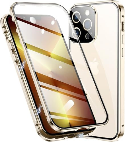 OMGZONE Magnetic Case for iPhone 16 Pro Full Body Cover,Screen Protector built-in Transparent Tempered Glass and Camera Protector,360 Degree Metal Bumper Case for iPhone 16 Pro,Clear Gold