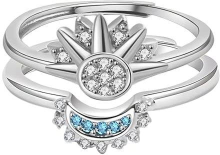 Set of 2 Sun and Moon Rings, Silver, Adjustable Sun Moon Ring Set, Gold Silver Friendship Rings, Women, Ring Set, Sun and the Moon, Matching Promise Rings for Women, Alloy, cubic zirconia