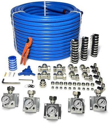 Compressed Air Piping System with 3/4 Inch ID x 200 feet 5-Way Multi-Outlet Aluminum Manifolds with individual Pressure Gauge HDPE Tubing Shop Air Line Kit, Air Compressor Line Kit | 200 PSI | 9120G