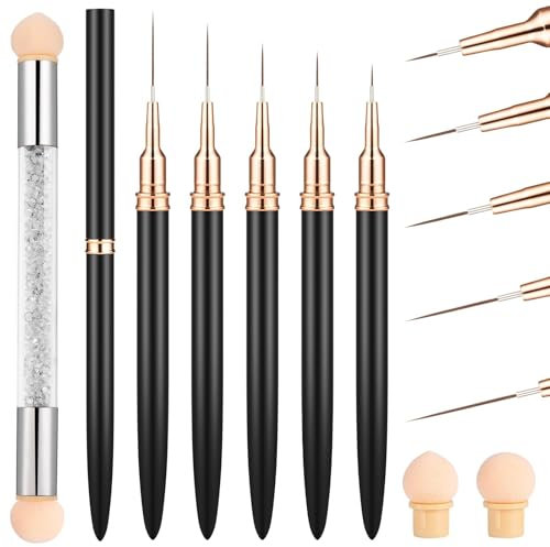 MELLIEX 6 Pièces Pinceau Nail Art Ongles Professionnel, Ultra Fin Nail Art Liner Brushes, Gel Acrylique Pinceau Ongle avec Capuchon, Double Tête Brosse éponge pour DIY Nail Art