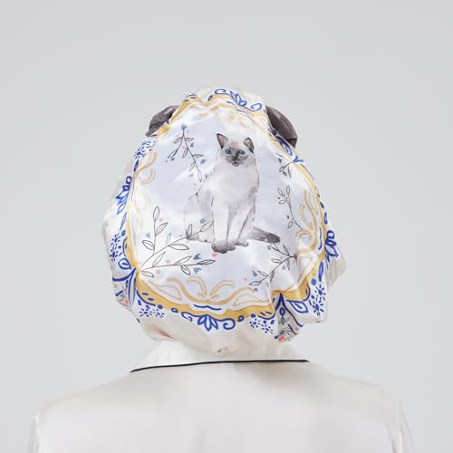 LONGDON HOMEONE Plastic Large Shower Cap,Bowknot Shower Caps For Women UK,Reusable Waterproof Satin Bonnet,EVA, 1 Pack. (Cat)