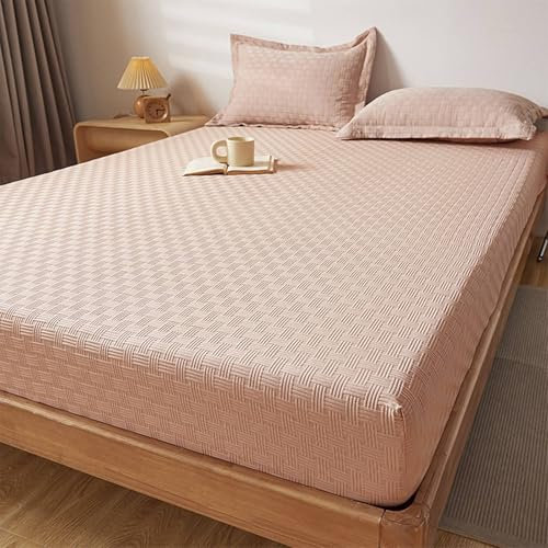 Mesnt Spannleintuch 90x200 für Boxspringbett, Gewebtes Plaid strukturiert Spannbetttücher Bettlaken mit 1 Kopfkissenbezug aus Polyester+Baumwolle Weich und Knitterfrei, Bequem, Aprikose