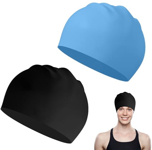 Cuffia Piscina per Adulti con Capelli Lunghi, 2 Pezzi Silicone Cuffia da Piscina Antiscivolo, Cuffia Nuoto Elastica e Comoda Donna Uomo, Nero+Blu Cuffie da Nuoto in Silicone Per Capelli Lunghi e Corti