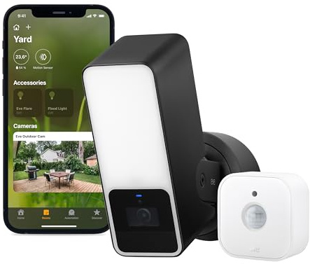 Bundle of Eve Motion (Matter), Bewegungsmelder mit Lichtsensor (Innen-/Außenbereich),+ Eve Outdoor Cam – Smarte Überwachungskamera, höchster Datenschutz Dank Apple HomeKit Secure Video