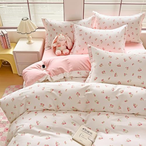 Covebett Housse de Couette 200x200 cm Rose et Blanc Fleurie Floral Réversible Parure de lit Adulte 2 Personnes Fleur en Microfibre Linge de lit avec Fermeture Éclair et 2 Taie d'oreiller 65x65cm