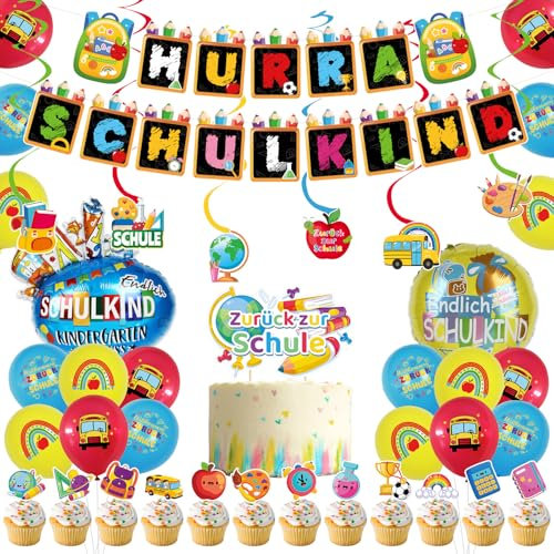 SCHULKIND 2025 Deko Einschulung für Junge Mädchen, mit Girlande, Spiralen, Tortendeko, Luftballon, Folienballon - Perfekt für Schuleinführung, Schulanfang, Schulparty Deko