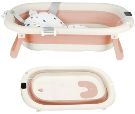 OHMG Bañera Bebe, Bañera Plegable Bebé, Bañera Bebé Con Termómetro Digital, Cojín De Baño, Bañera Bebe Plegable, Compacta Portátil Con Bandeja De Almacenamiento (B-Rose-43 x 71 x 18,5 cm)