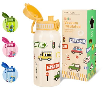 UZSPACE Botella Agua Acero Inoxidable para Niños 550ml, A Prueba de Fugas, Apertura de un Clic, Botella Agua Bebé Duradera, Cantimplora Infantil con Asa para Colegio, Niños y Niñas (Coche Amarillo)