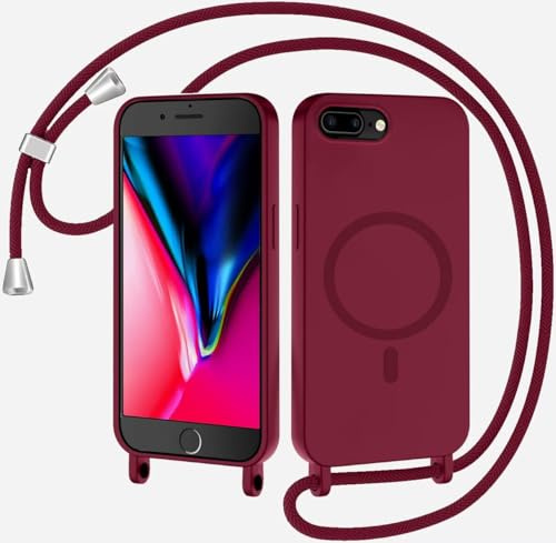 TQmchun Magnetische Handykette mit Band für iPhone 6/7/8 Plus,Handyhülle [Kompatibel mit MagSafe],Weich TPU Liquid Silikon Necklace Umhängen Kameraschutz Kette Stossfest Schutzhülle-Rot