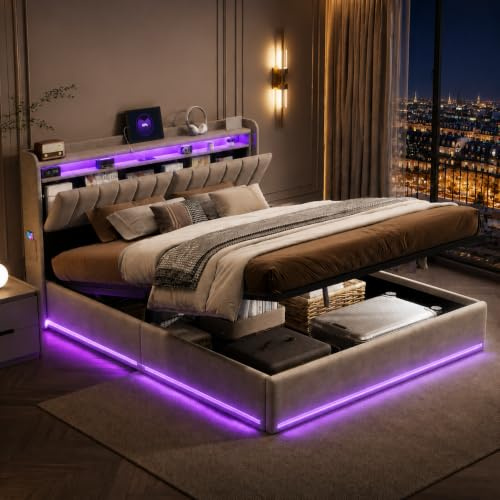LIVLUX Polsterbett Doppelbett 140×200 mit Stauraum Kopfteil und Hydraulischem Stauraum,Jugendbett mit LED und USB Ladestation,Stauraumbett Funktionsbett,Bettgestell mit Lattenrost,Samt