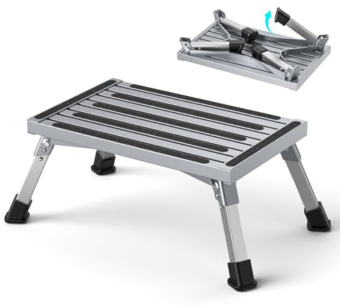 Marchepied Pliant en Aluminium Marchepied à 4 Niveaux Réglable en Hauteur 19/20,5/21,5/23 cm, Pliable Marchepied Antidérapant pour Camping-Cars, Jardin, Camping, Cuisine (Charge maximale 350 kg)