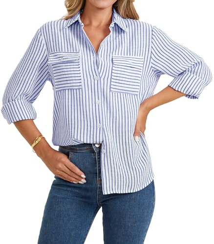 Enmain Chemise Rayures Femme Lin Manche Longue Chemisier Col en V Bouton Été Décontracté Bureau Blouse avec Poches S-2XL