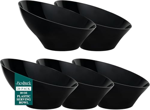 Bestluck 20pack Black Angled Plastic Bowls,20oz Salad Serving Bowls,Plastic Serving Bowl for Wedding, Party, Halloween, Catering | Disposable Snack Bowls for Chips, Candy, Salad, Snacks & Fruit, Perfect for Parties, Buffets & Everyday Use
