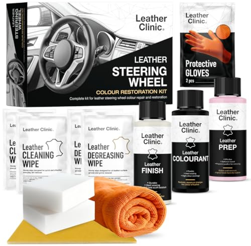 Leather Clinic Set di restauro volante in pelle, nero, set completo per riparazione e aggiornamento di volanti in pelle, vernice, detergente, finitura e accessori