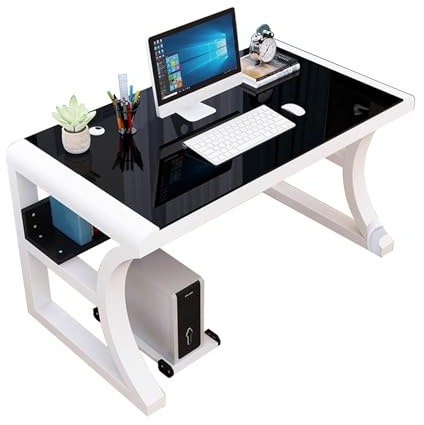 SDFSDE Scrivania for computer in vetro temperato, scrivania da ufficio con struttura in metallo, studio for postazione di lavoro in casa e(White+black,47.2'')