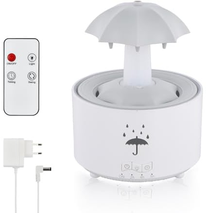 Regenschirm Luftbefeuchter 300ml, Rotierender Luftbefeuchter mit 7 Farbe Licht, Nachtlicht Schlafzimmer, Aroma Diffusor, Rain Humidifier Lamp, ätherisches Öl Luftbefeuchter mit Fernbedienung (Weiß)