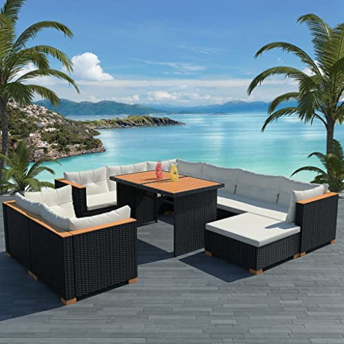 Holamys 10-TLG. Garten-Lounge-Set, Poly Rattan Schwarz, WPC-Tischplatte, Cremeweiße Auflagen, Modular, für Terrasse & Balkon
