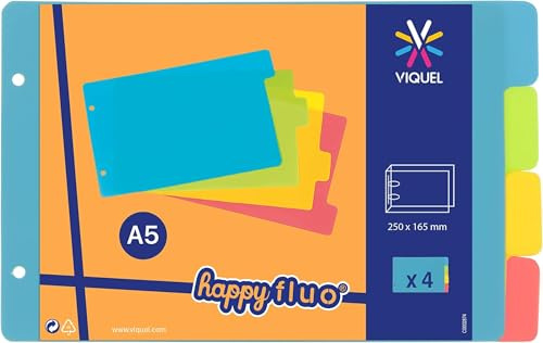 VIQUEL - Intercalaires pour classeur à fiches bristol 12,5x20cm en plastique - Intercalaires Coloris fluo (Lot de 5)