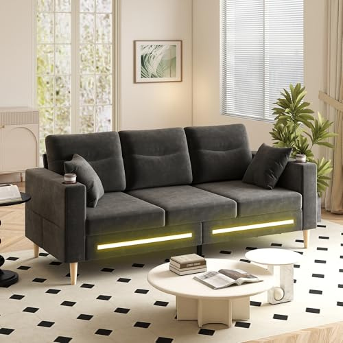 3 Seater Sofas for Living Room,Chenille Fabric Settee with LED Light,Modern Deep Seat With Cup Holders and 2 Pillows,Bilateral Pocket Storage,Wood Legs,Cloud Couch,190cm Office Couch,Dark Grey