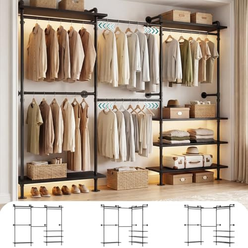 iSunirm Sistema de Armario Abierto – Barra Telescópica de Gran Capacidad, Armario de Acceso Facil, Flexible en Forma de L o Recto, Diseño de Tubo Industrial para Dormitorio y Vestidor