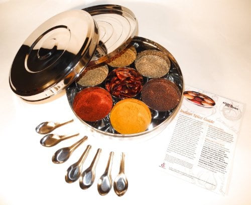 Authentic Indian Spice Box with Double Lid 24cm (Large), 7 Spice Spoons & Free Spice Guide Set
