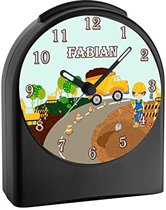 CreaDesign, WU-50-1003, Baustelle, analog Kinderwecker schwarz, Funkwecker ohne Ticken, mit Licht, personalisiert mit Namen, 9,6 x 5,5 x 11,9 cm, 104 g