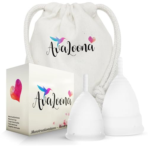 AvaLoona - Set di Coppetta mestruale S+L per principianti con sacchi di cotone bio fairtrade - Made in Germany (2 coppette mestruali grandi + piccole)