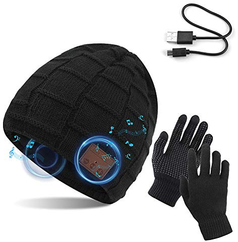 TAGVO Bluetooth V5.0 Beanie mit Touchscreen Handschuhen Set, Winter Warm Gestrickte Drahtlose Bluetooth Headset Musik Hut für Laufen Skifahren Wandern