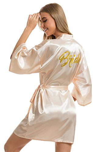Vlazom Morgenmantel für Hochzeit Satin Kimono Badmantel für Braut&Brautjungfern V-Ausschnitt Damen Robe mit Gürtel(L,Champagner für Braut)