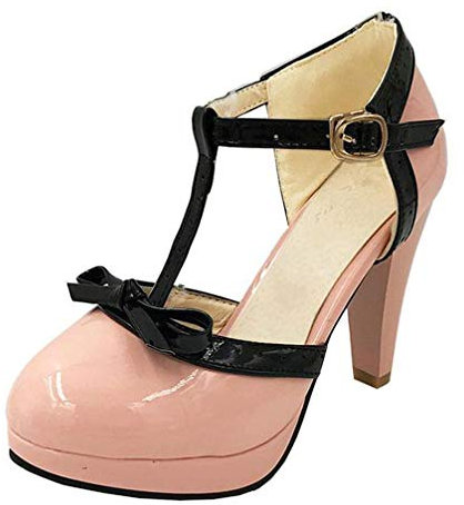 MISSUIT Damen T-Steg Pumps High Heels Lack Plateau Pumps mit Blockabsatz Riemchen Mary Jane Schuhe
