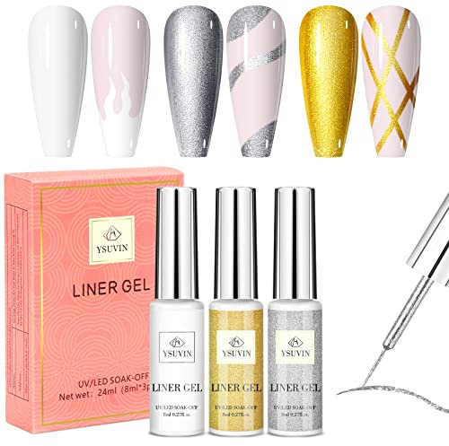 YSUVIN Gel Liner Nail Art, 3 Farben Gold Silber Weiß Painted Liner Gel Nagellack, Soak Off UV Nagellack für Frauen Home DIY Nail Art Salon Maniküre, 8ML