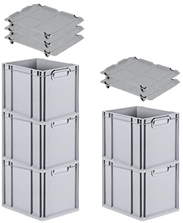 PROREGAL SparSet 5x Eurobox NextGen Grip mit Auflagedeckel & 4 schwarzen Schiebeschnappverschlüssen, HxBxT 32x30x40cm, 30 L, Grau, Griffe geschlossen, Eurobehälter, Transportbox