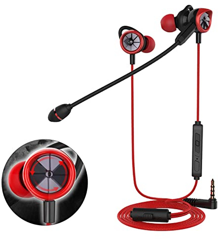Wired Gaming Earbuds Headset, Curved Ear Wings Dual Vibration Units Dual Microphone Wire Control Gaming Earbuds Earphone with Detachable Boom Mic for PC