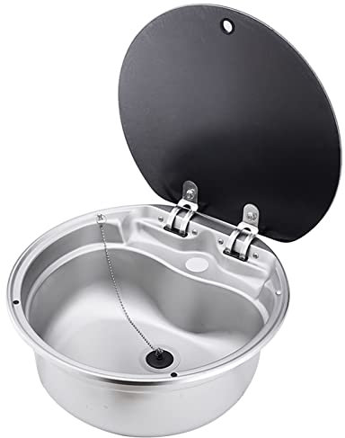 Fregadero de una cubeta para Caravana, Fregadero de Acero Inoxidable para Exteriores, Fregadero Redondo de Cocina con Tapa de Vidrio Templado (A)