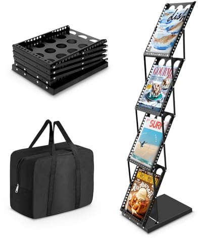 XIDIHF Faltbarer Zeitschriftenständer mit 4 Taschen, Prospekt- und Literaturständer für Büro, Messen, Ausstellungen, inklusive Tragetasche, Schwarz