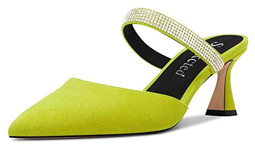 Saekcted Mujer Chunky Ancho Medio Heel Puntiaguada Punta Pumps Slip-on Diamante Cristal Casual Cute Mules Zapatos Verde Lima 40 EU